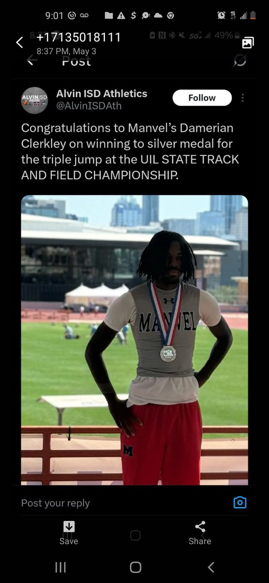 HokaHeyFB (@hokaheyfootball) on Twitter photo CONGRATULATIONS to <a href="/ClerkupnexT/">Damerian clerkley</a> for claiming a silver medal in the triple jump @ the 6A STAYE TRACK & FIELD CHAMPIONSHIPS!
<a href="/CoachKirkMartin/">Kirk Martin</a> <a href="/HokaHeyBooster/">Manvel Ath Booster Club πππβΎοΈπ₯β½οΈβ³πββοΈποΈπβπ</a> <a href="/ManvelHS/">Manvel High School</a> <a href="/HokaHeyAP/">HokaHeyAthleticPerformamce</a> #BeDifferent
#RecruitManvel CONGRATULATIONS to <a href="/ClerkupnexT/">Damerian clerkley</a> for claiming a silver medal in the triple jump @ the 6A STAYE TRACK & FIELD CHAMPIONSHIPS!
<a href="/CoachKirkMartin/">Kirk Martin</a> <a href="/HokaHeyBooster/">Manvel Ath Booster Club πππβΎοΈπ₯β½οΈβ³πββοΈποΈπβπ</a> <a href="/ManvelHS/">Manvel High School</a> <a href="/HokaHeyAP/">HokaHeyAthleticPerformamce</a> #BeDifferent
#RecruitManvel