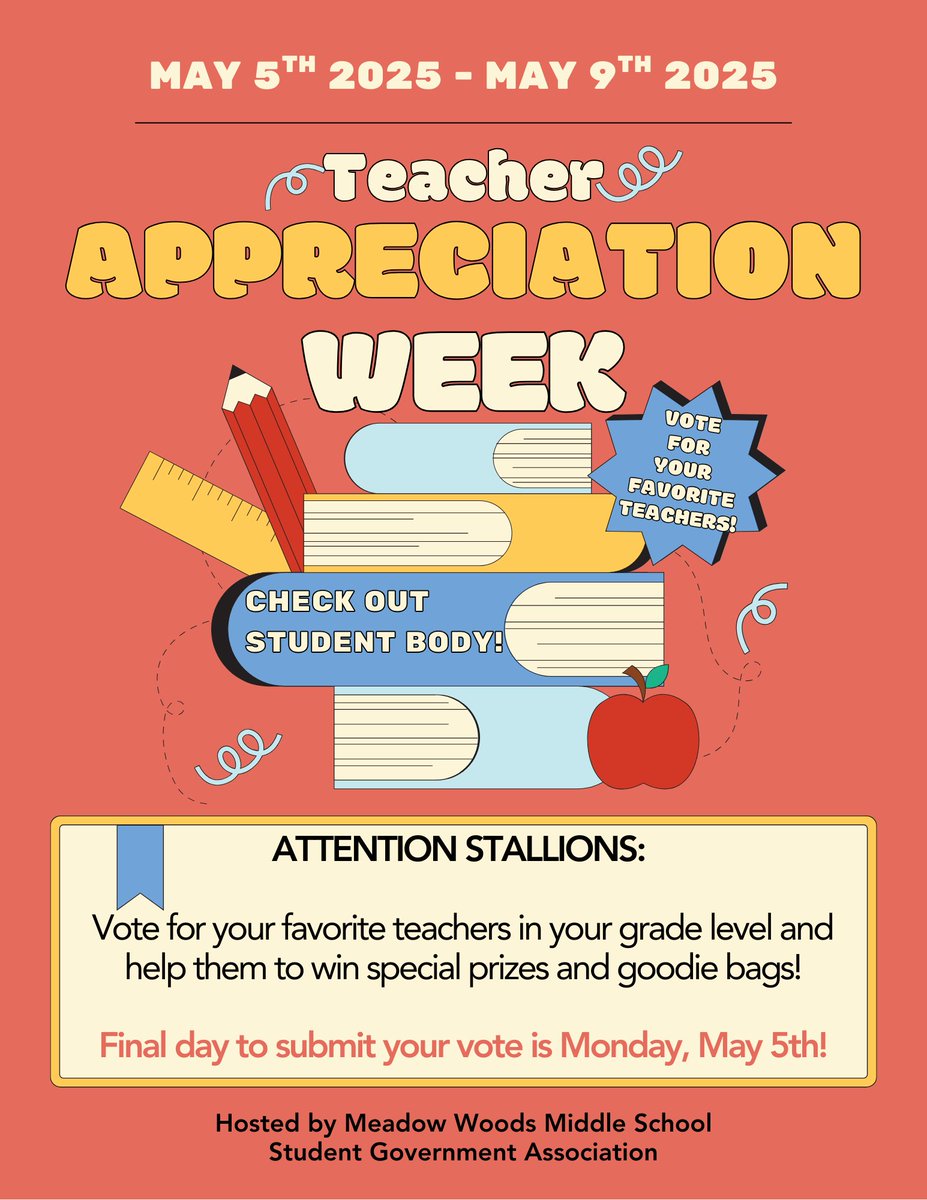 Teacher Appreciation Week is Here!👩‍🏫🧑‍🏫💝

To celebrate our hard working teachers, we have posted a poll on Canvas Student Body for students to vote for their favorite teacher to win prizes and goodie bags 🎉🎁

🐴Stallions, go vote! Last Day to vote is Monday, May 5th!🗳