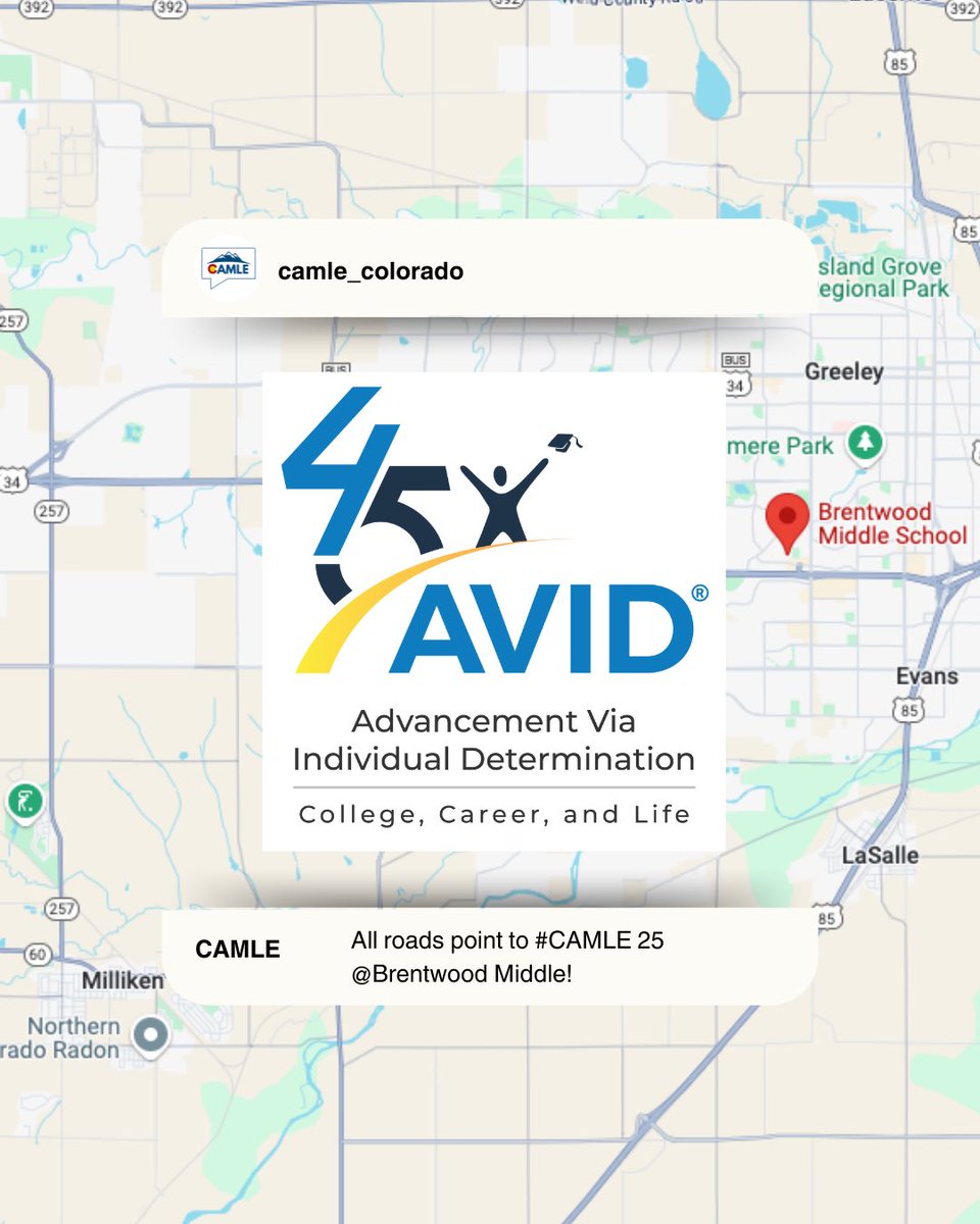 We’re proud to announce that @avid4college is a #CAMLE25 sponsor!
AVID’s commitment 2 building college &amp; career-ready pathways for students is right in step w/our mission to uplift Colorado’s middle-level educators.
📍Join us at Brentwood Middle on 9/27!
#AVID #RootedInCommunity