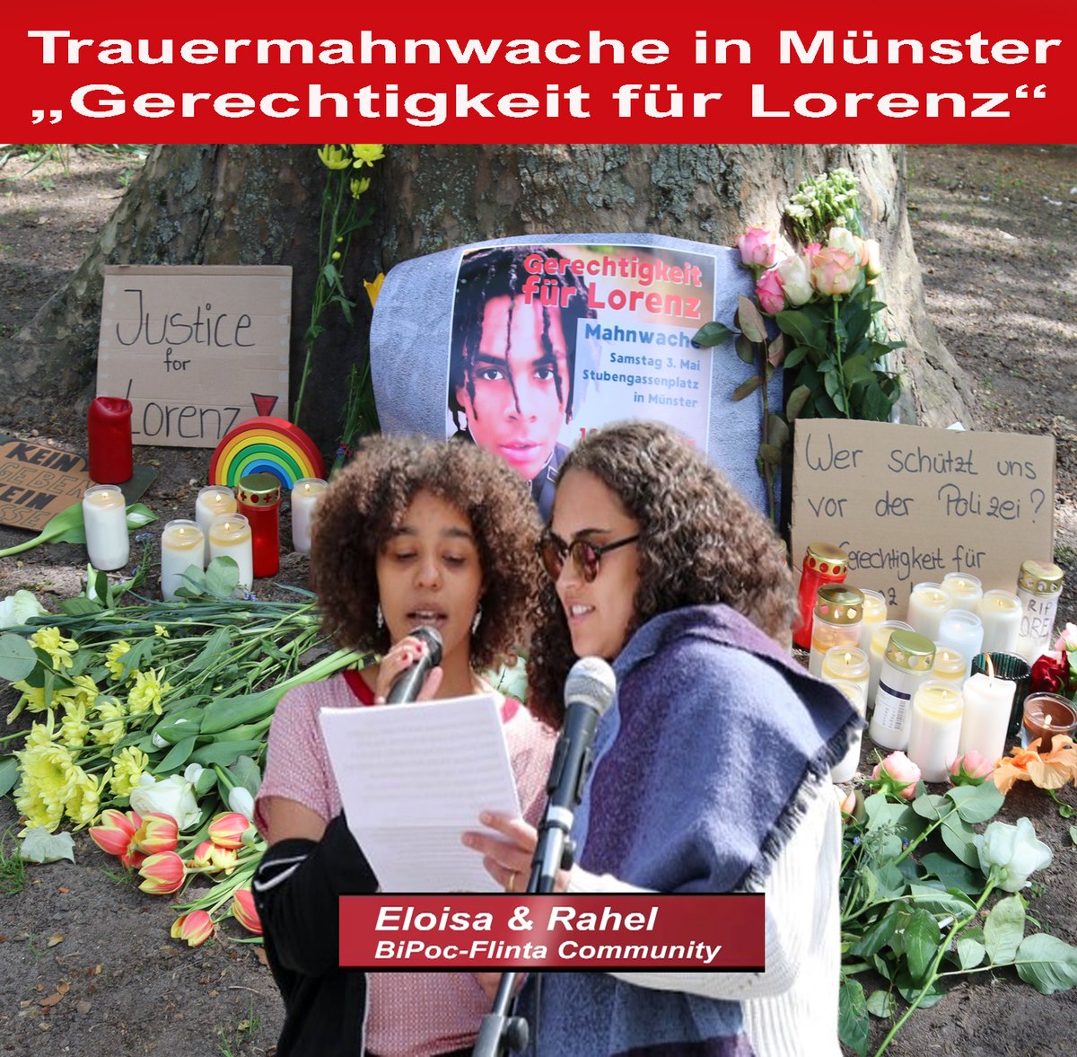 (Video) Mahnwache in #Münster: "Gerechtigkeit für Lorenz" - Rede von Eloisa &amp; Rahel ( BiPoC-FLINTA-Community) #Lorenz #Oldenburg

youtu.be/Yy2BQeNY8yw