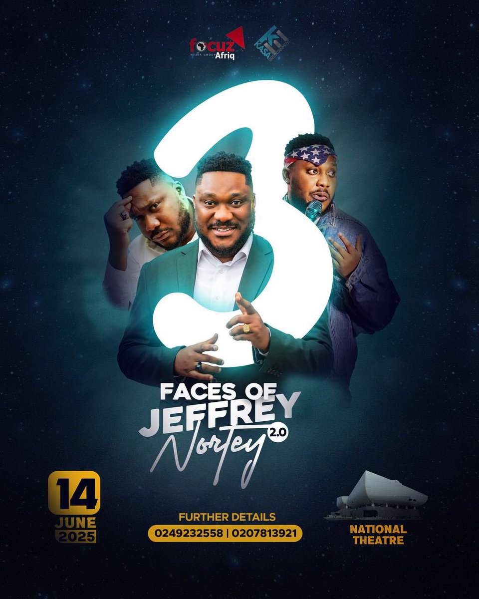 ThisIsKubiLive's tweet photo. ✨ Witness history in the making! The sensational 3 Faces of Jeffrey Nortey hits the prestigious National Theatre for the very FIRST TIME on June 14th! 🤩 Even more reason to be there! 

Don't miss this landmark premiere – Grab your tickets now using the shortcode *713*33*783# https://t.co/DH65fpXBou