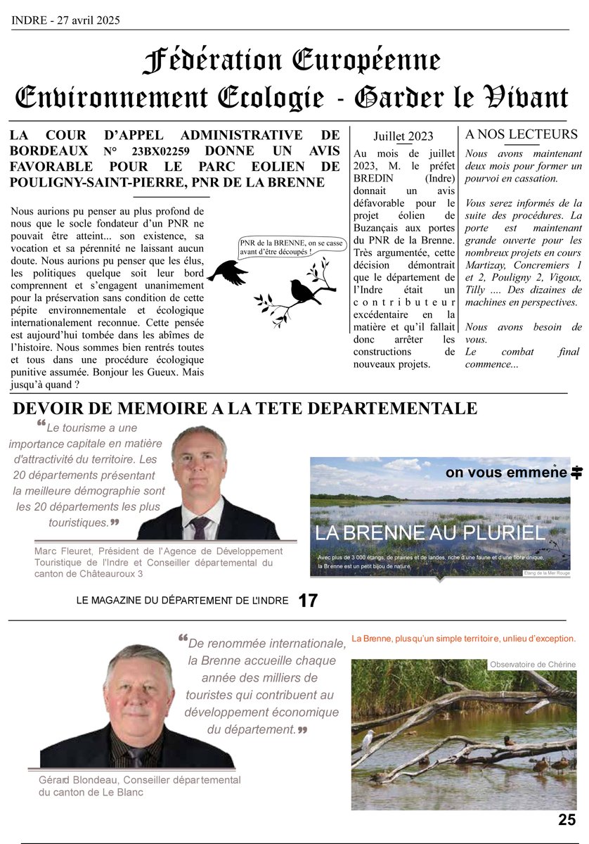 Devoir de mémoire !
Les éoliennes arrivent dans le Parc naturel régional de la Brenne. 
Certains élus seraient bien inspirer de reprendre la main et les actions pour nous aider... et stopper le massacre de l’Indre. Nous avons déjà très largement contribuer !
#gueux