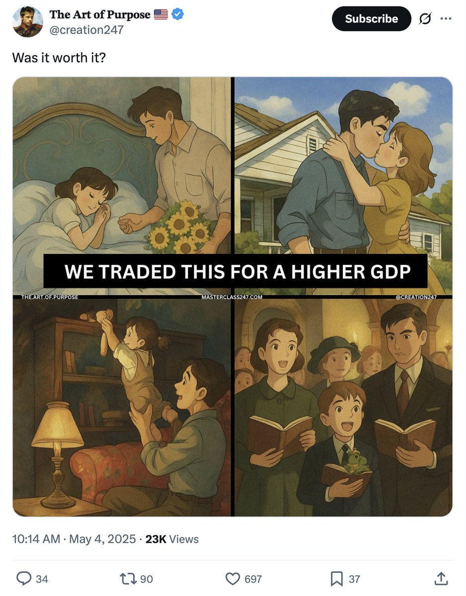 A lot to dissect here -- AI-generated ersatz Studio Ghibli deployed to depict right-coded antiglobalist retvrn nostalgia