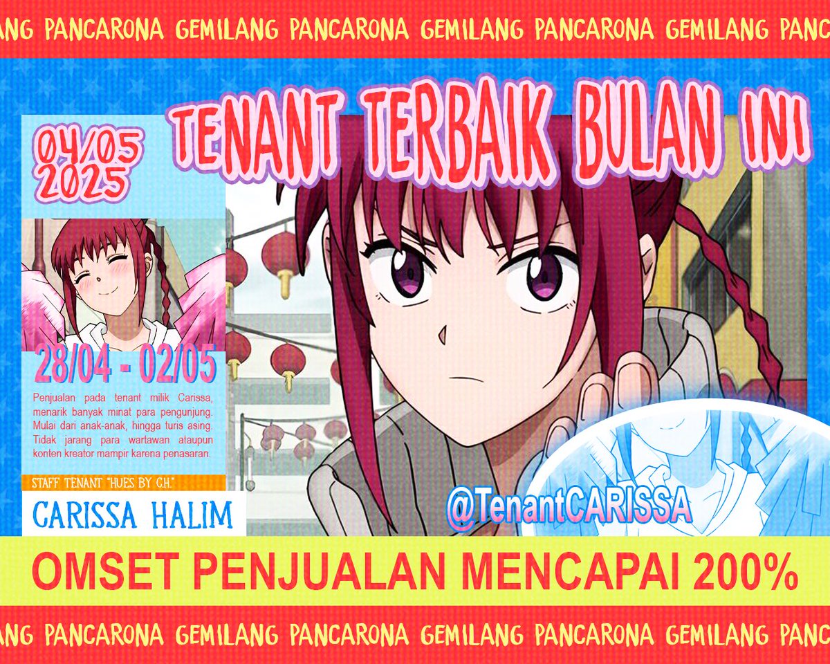 Aku, Carissa Halim, pemilik stall bernama Hues by CH., telah berjualan dengan tulus dan jujur selama 7 hari, dan membantu memeriahkan festival pasar malam Gemilang Pancarona. Sekarang saatnya menikmati cuan yang didapat!