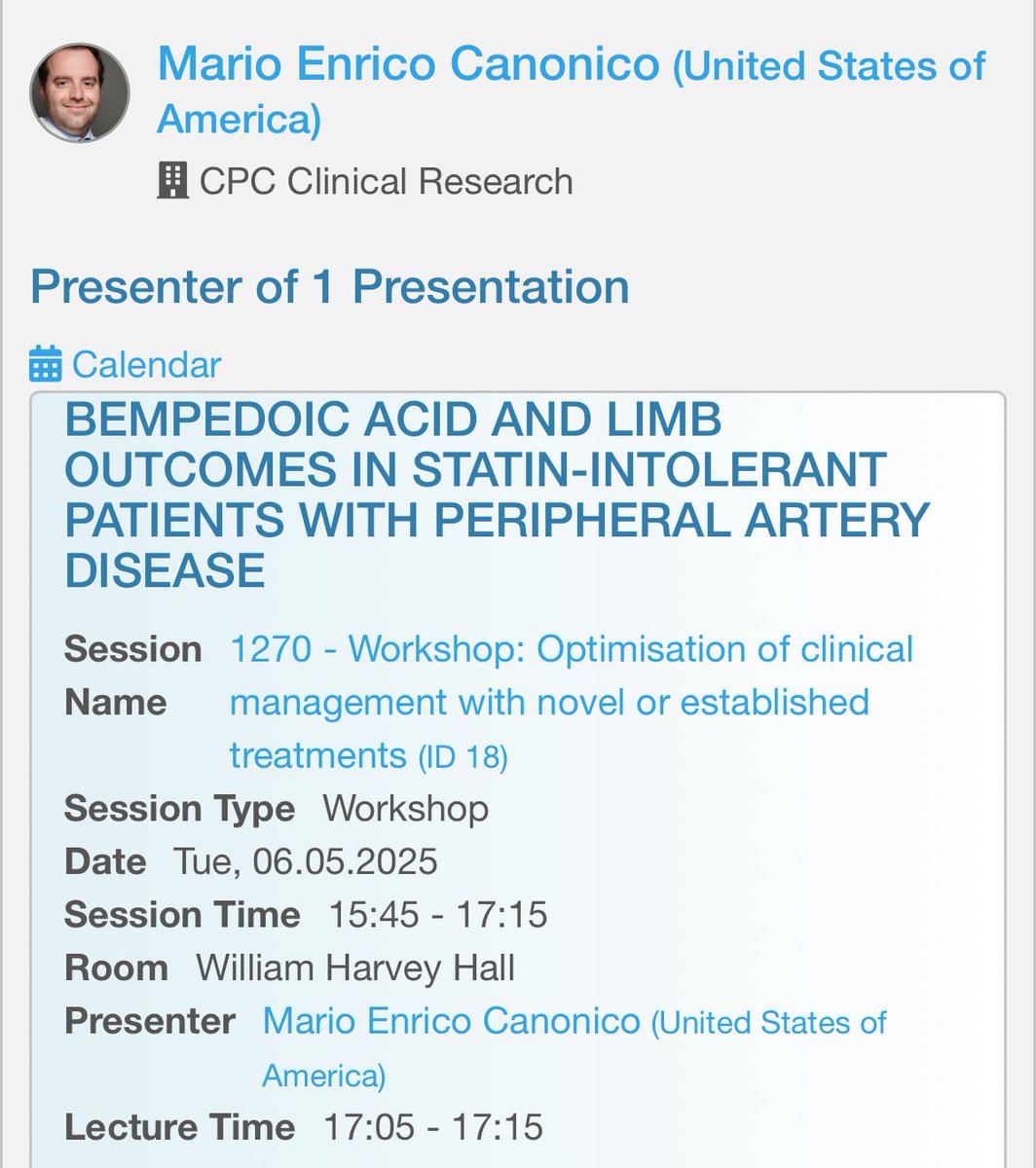 Mario Enrico Canonico (@me_canonico) on Twitter photo Thrilled to join #EASCongress2025 to present data on bempedoic acid in patients with PAD! <a href="/cpcresearch/">CPC Clinical Research</a> <a href="/CUDeptMedicine/">CU Department of Medicine</a> <a href="/MarcBonaca/">Marc Bonaca MD MPH</a> <a href="/EASCongress/">EAS Congress</a> <a href="/society_eas/">European Atherosclerosis Society</a> Thrilled to join #EASCongress2025 to present data on bempedoic acid in patients with PAD! <a href="/cpcresearch/">CPC Clinical Research</a> <a href="/CUDeptMedicine/">CU Department of Medicine</a> <a href="/MarcBonaca/">Marc Bonaca MD MPH</a> <a href="/EASCongress/">EAS Congress</a> <a href="/society_eas/">European Atherosclerosis Society</a>