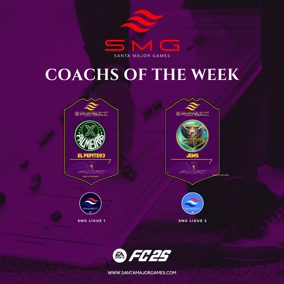 La COTW - Coachs of the Week célèbre les stratèges, architectes de la victoire.
À ceux qui transforment l’effort en triomphe et élèvent leur club au sommet du SMG.

Un hommage aux cerveaux derrière la gloire.

santamajorgames.com
#OnlyForProPlayers
