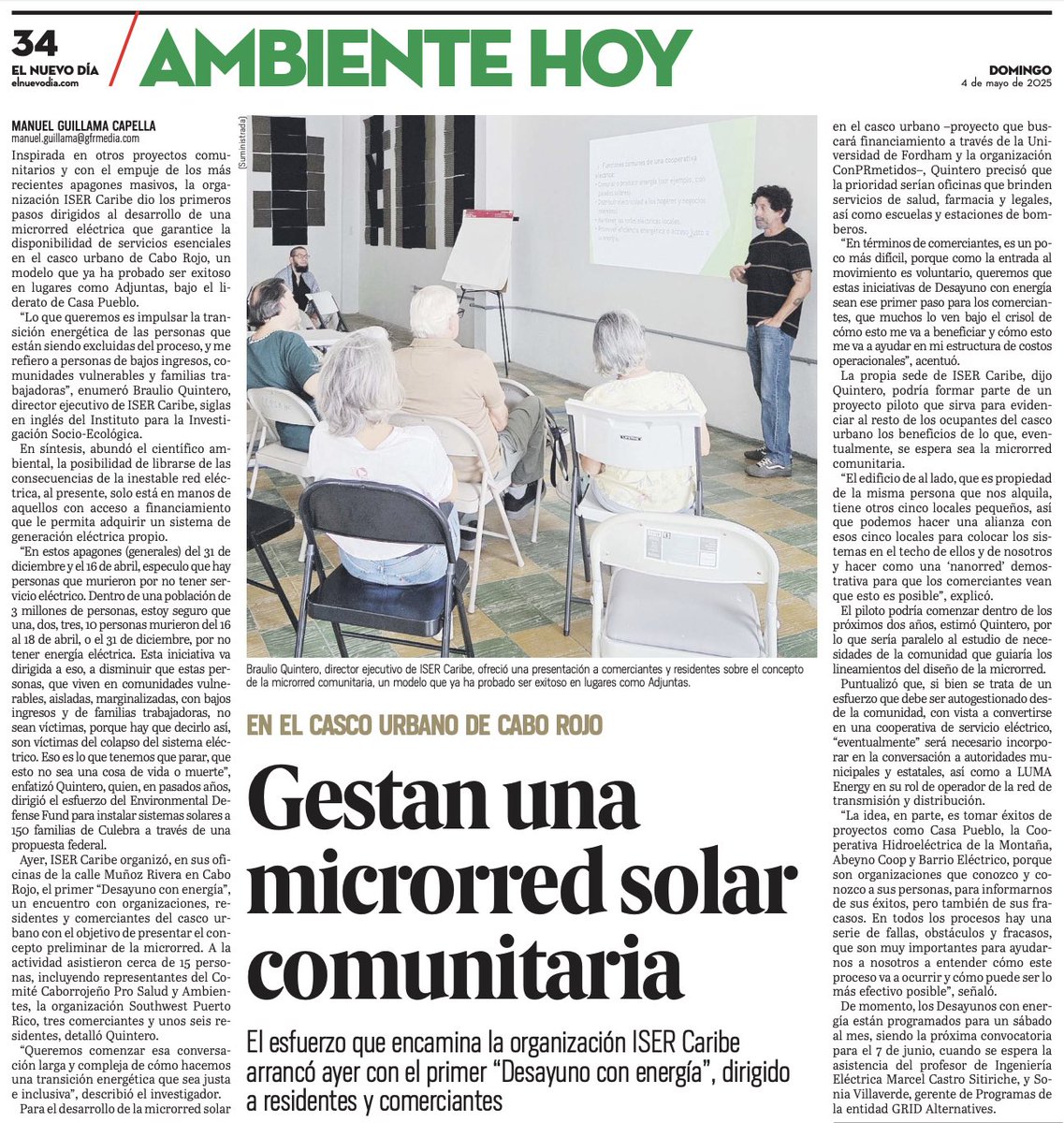 Gestan una microrred solar comunitaria para el casco urbano de Cabo Rojo: El esfuerzo que encamina la organización ISER Caribe arrancó el sábado con el primer “Desayuno con Energía”, dirigido a residentes y comerciantes. ¡Pa’ lante! elnuevodia.com/ciencia-ambien…