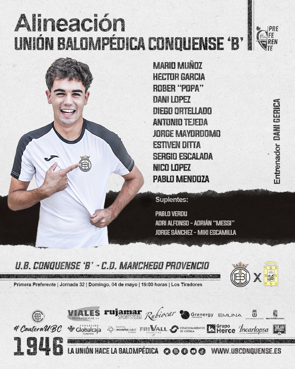 📢 #UBCFilial ❗

¡Estamos listos! 💪💪💪

📋 Esta es la alineación que presenta nuestro filial ante el C.D. Manchego Provencio.

⏰ En menos de media hora comienza el encuentro en Los Tiradores. 🏟

¡Vamos Conquense! ⚪⚫ #UniónBalompédica #CanteraUBC