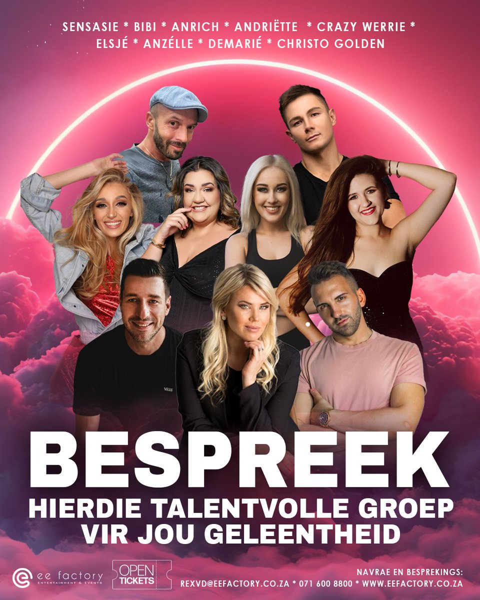 Entertainment & Event Factory (@eefact) on Twitter photo Opsoek na TOP BEKOSTIGBARE TALENT vir jou geleentheid? Wel ons het die antwoord. Bespreek hierdie kunstenaar, DJ en seremoniemeesters so gou jy kan.
Epos my gerus by rexvd@eefactory.co.za Opsoek na TOP BEKOSTIGBARE TALENT vir jou geleentheid? Wel ons het die antwoord. Bespreek hierdie kunstenaar, DJ en seremoniemeesters so gou jy kan.
Epos my gerus by rexvd@eefactory.co.za