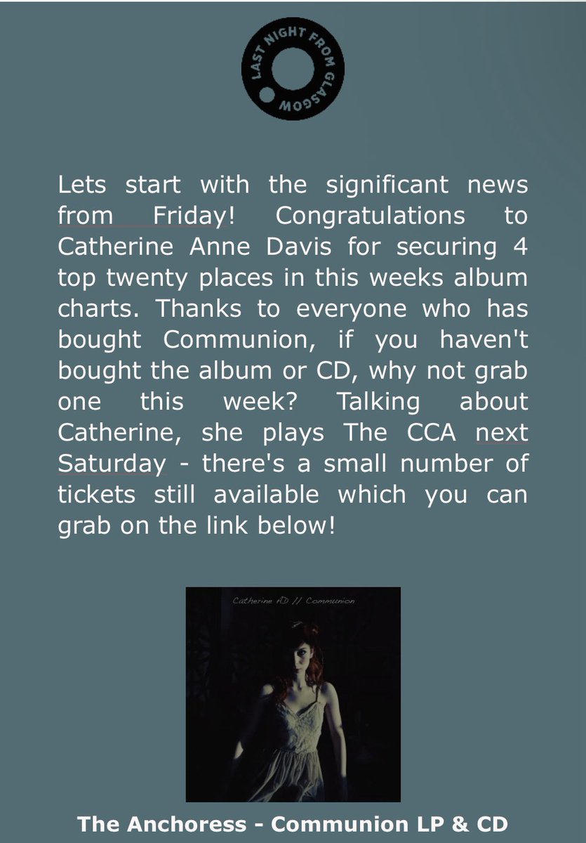 A mammoth 4 Top 20 chart positions for Communion this week, including No 7 in The Scottish Album Chart, Number 13 in the UK Vinyl Chart, Number 17 in the UK Physical Chart and Number 11 on the Indie Charts ❤️

Thanks to everyone who supported the release 🥰