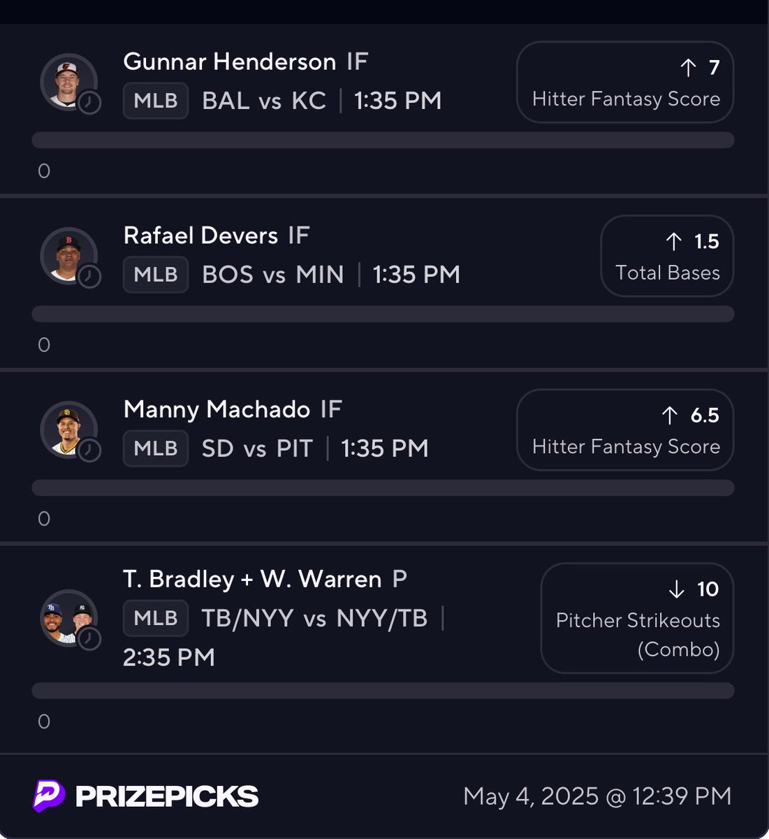 PeachStatePick's tweet photo. ✅ Sunday MLB favorites✅
$15 dollars to a follower who likes and RTS this post if we go 4 for 4!
#PrizePicks #prizepicksmlb #prizepickslocks #mlbfantasy #MLB #PrizePicksToday #PropBets https://t.co/9EtjK7c1OB