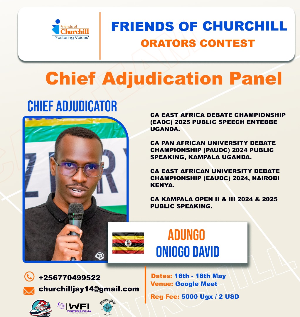 Our Chief Adjudicator 2025. We are please and excited to have Mr.Adungo David Oniogo as our Chief Adjudicator at the Friends of Churchill Public Speaking Contest. He is Uganda's finest. 
Register now to participate:-
forms.gle/mb2P4MLjjYJpHG…