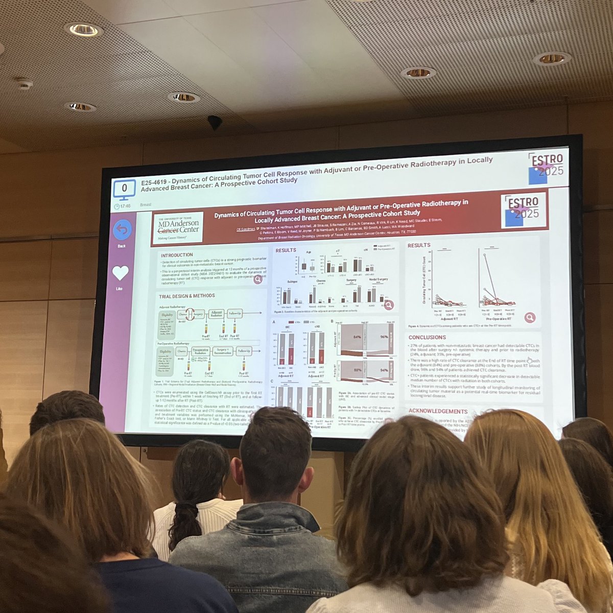 Exciting presentation by Dr. Goodman <a href="/ChelainG/">Chelain Goodman, MD PhD</a> demonstrating a ⬆️ rate of CTC clearance following neo &amp; adjuvant radiotherapy in non-metastatic T3+ and/or N+ BC - looking forward to the next phase to assess CTC’s potential as a surrogate survival endpoint #ESTRO25 <a href="/ESTRO_RT/">ESTRO</a>