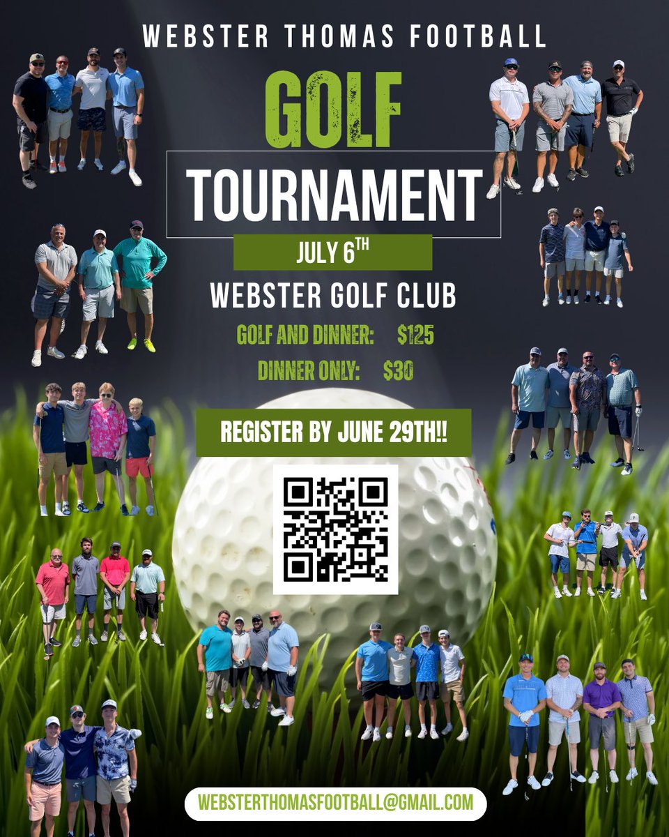 Webster Thomas Football Annual Golf Tourney🏌️‍♀️ Sunday, July 6th at Webster Golf Club.  Click and Hold QR code to register‼️