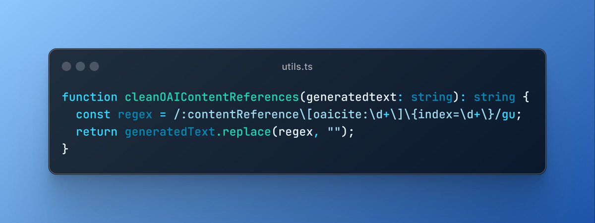 TechlionDev's tweet image. Easily remove ChatGPT&apos;s content references from code it generates with this typescript function!