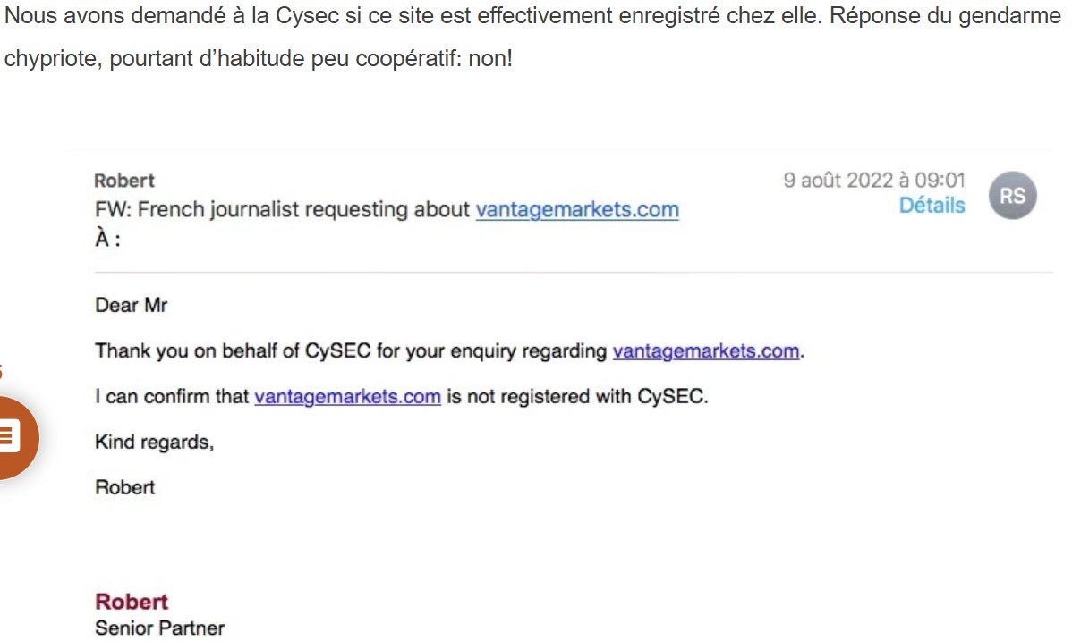 C'est intéressant de voir que Laurent qui sait parfaitement que je suis français m'envoie donc vers cette plateforme pas autorisée pour moi. 
Vantage avait essayé de faire croire il y a quelques années qu'ils étaient régulés en Europe. Gros mensonge débunké par <a href="/Warning_Trading/">WARNING TRADING</a>