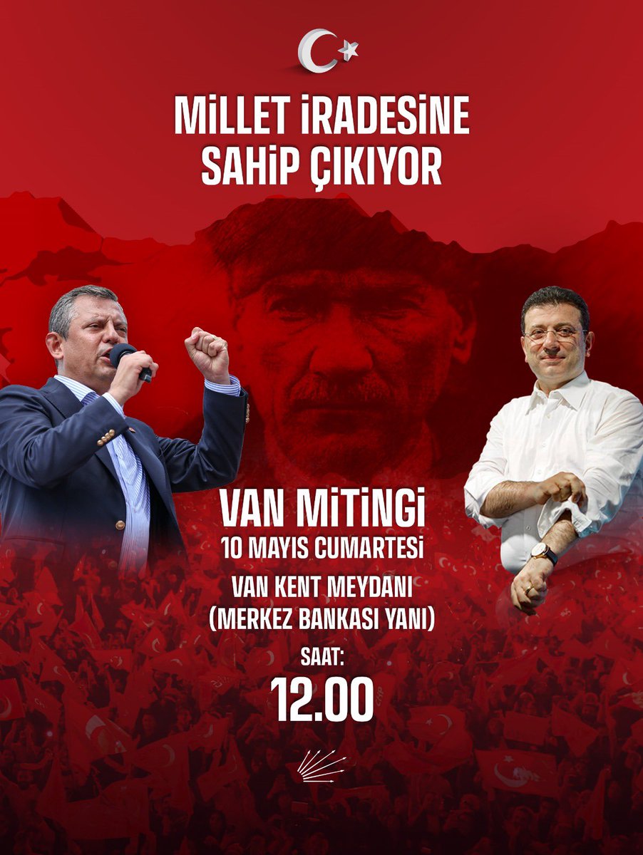 Van, hazır mısın?

Cumhuriyet Halk Partisi Genel Başkanımız Özgür Özel Van’a geliyor!

Kayyum gaspına, halkın iradesine yapılan haksızlıklara karşı tek ses, tek yürek olmak için 10 Mayıs Cumartesi saat 12.00’de Van Kent Meydanı’nda buluşuyoruz!

Hep birlikte var olacağız, hep