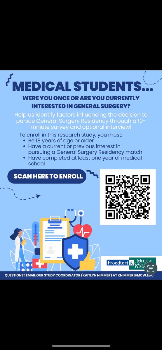 Michael Denning, MBA, MPH (@futuremdx2) on Twitter photo Hello! Please take our short survey to help us better understand factors affecting medical students’ interest in General Surgery! All M2-M4 medical students who are or were interested in General Surgery are eligible to participate. Enroll here: mcwisc.co1.qualtrics.com/jfe/form/SV_9E…
<a href="/DrCNClarke/">Callisia Clarke MD</a> Hello! Please take our short survey to help us better understand factors affecting medical students’ interest in General Surgery! All M2-M4 medical students who are or were interested in General Surgery are eligible to participate. Enroll here: mcwisc.co1.qualtrics.com/jfe/form/SV_9E…
<a href="/DrCNClarke/">Callisia Clarke MD</a>