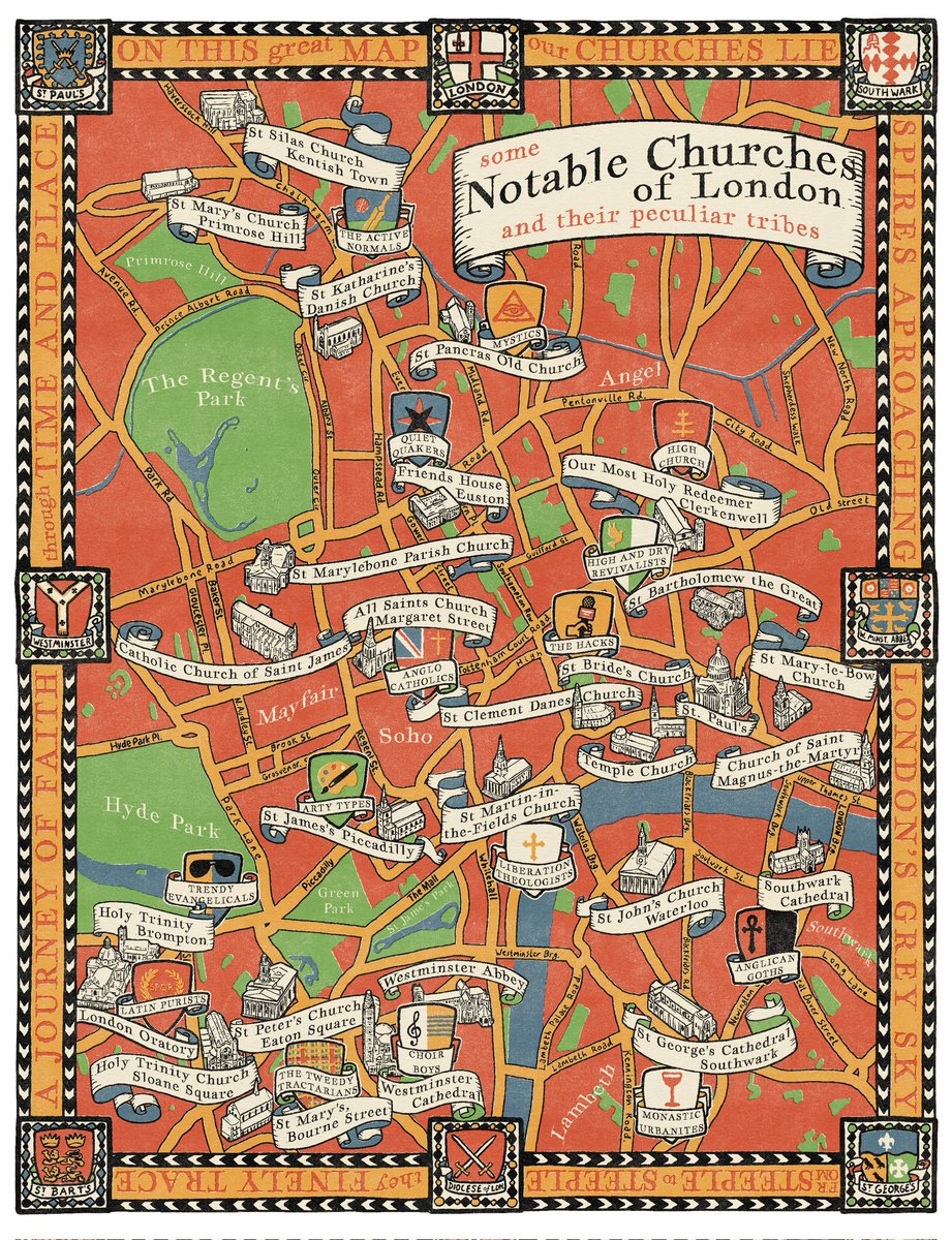My recent map of London Churches and their weird tribes. After MacDonald Gill. It was published in The Spectator Easter issue.
