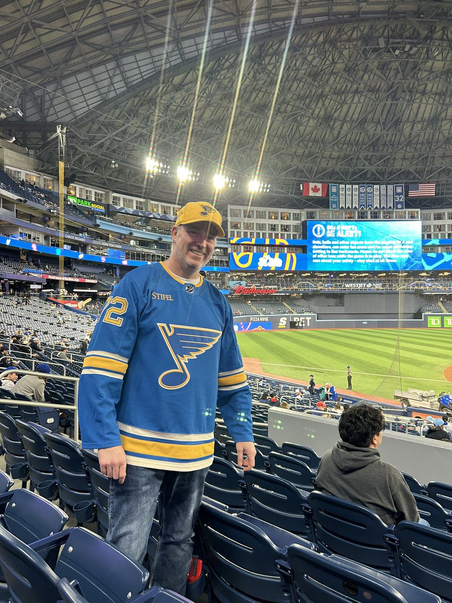 Hey Blues family , stuck in Toronto but still repping for <a href="/StLouisBlues/">St. Louis Blues</a>  at the Blue Jays game ! Give em hell boys ! Will be back in time before puck drop ! 
You got this ! 
#WeAllBleedBlue #Faulkateers