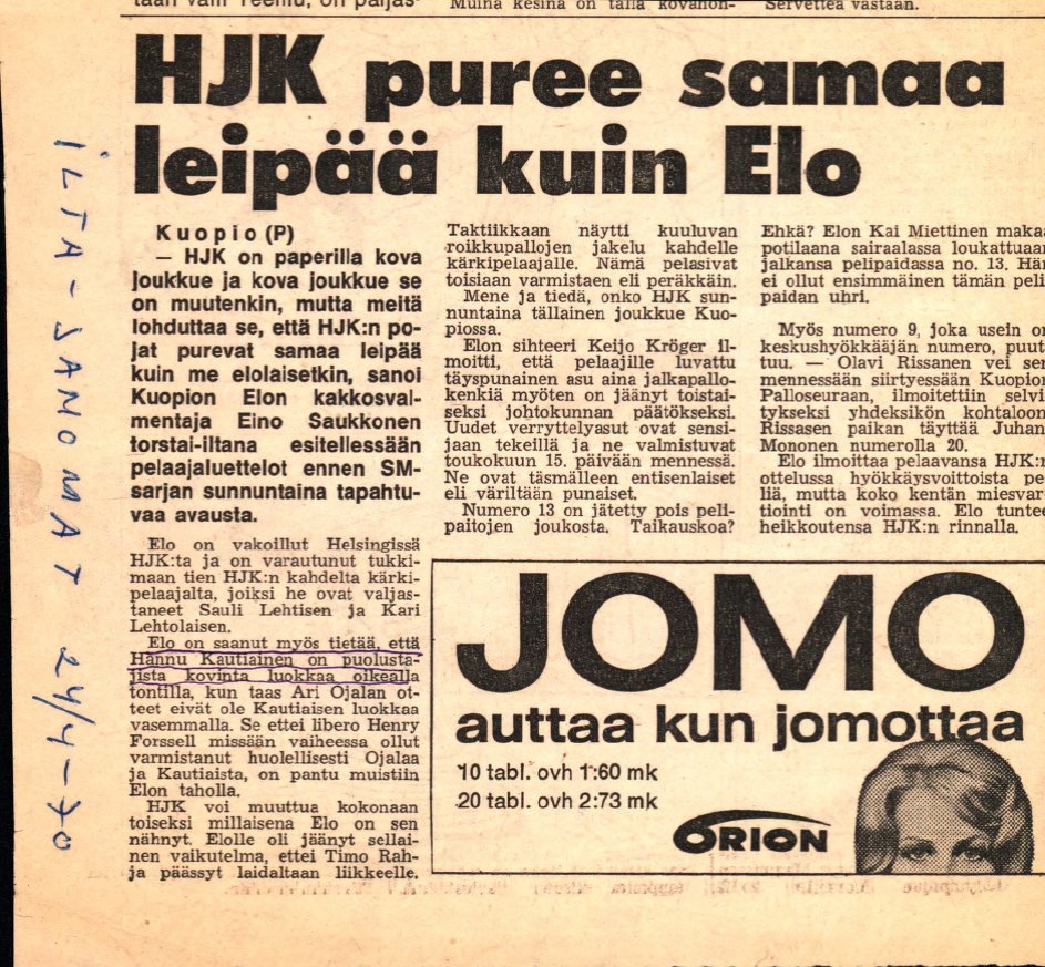 HJK muistojen digitointi etenee pääosin talkoovoimin mutta etenee .   Lehtikeike on Hannu Kautiaisen kansiosta 24.4.1970
