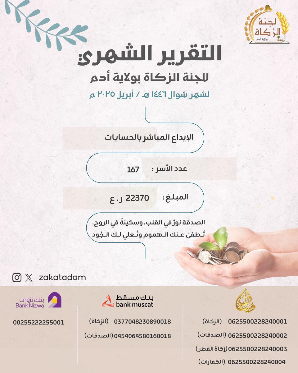 zakat adam لجنة الزكاة بولاية أدم (@zakatadam) on Twitter photo تقرير الشهري للإيداع المباشر بحسابات لجنة الزكاة خلال شهر شوال 1446هـ - أبريل 2025 والمستفيدين بهذه الإيداعات
#لجنة_الزكاة_بولاية_أدم
#زكاتي
#زكاتي_لأهلها
#رمضان1444
<a href="/zakat_oman/">زكاة عُمان</a>
<a href="/meraoman/">وزارة الأوقاف والشؤون الدينية - سلطنة عُمان</a> تقرير الشهري للإيداع المباشر بحسابات لجنة الزكاة خلال شهر شوال 1446هـ - أبريل 2025 والمستفيدين بهذه الإيداعات
#لجنة_الزكاة_بولاية_أدم
#زكاتي
#زكاتي_لأهلها
#رمضان1444
<a href="/zakat_oman/">زكاة عُمان</a>
<a href="/meraoman/">وزارة الأوقاف والشؤون الدينية - سلطنة عُمان</a>