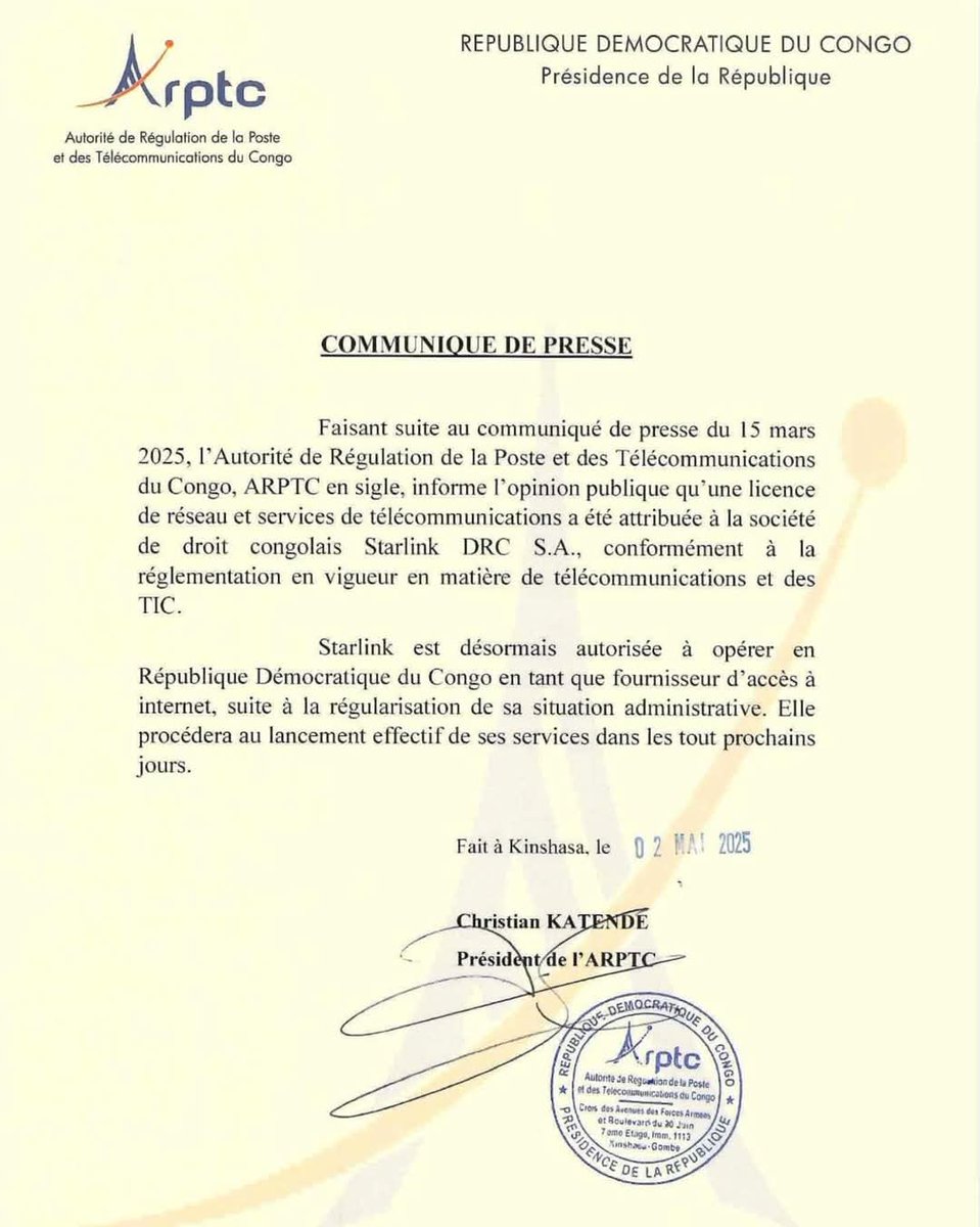 LebonMulumba's tweet image. La société Starlink DRC S.A. est désormais autorisée à offrir l’accès à internet en RDC et lancera ses services très prochainement. #RDC #Internet #Starlink #numeriquerdc