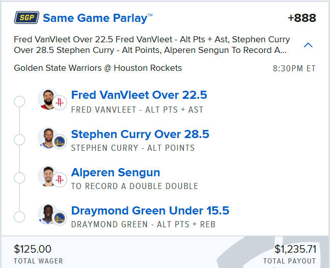 Strategic_Plays's tweet photo. 🚨 NBA Warriors at Rockets Game 7 🔒(+888)

$125 ➡️ $1,000

🔸Fred VanVleet: Over 22.5 PA
🔸Stephen Curry: Over 28.5 Points
🔸Alperen Şengün: Double Double
🔸Draymond Green: Under 15.5 PR

Follow @Strategic_Plays for more plays! 🙏

@NBA @FDSportsbook
#NBA #Fanduelparlay #NBAPlayoffs