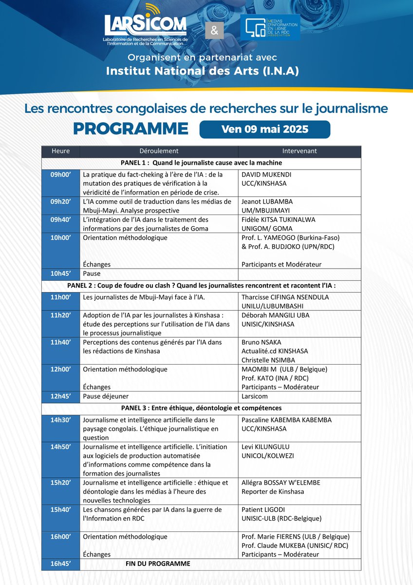 #RCRJ2025 𝐉𝐨𝐮𝐫 𝟐 -🗓️Vendredi 9 mai 2025

JOURNEE JEUNES CHERCHEURS

La science en mouvement : jeunes chercheurs à l'honneur

Ils viendront des quatre coins de la #RDC et exposeront sur l'IA lors du prochain #colloquelarsicom.

#IA #Journalisme #Colloque

#Leprogramme👇