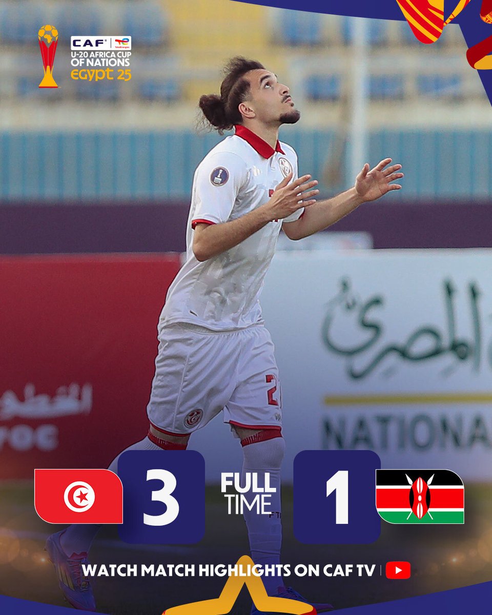 CAF_Online's tweet photo. FULL-TIME!

Three goals and three points, Tunisia get the job done against Kenya. 🇹🇳

#TotalEnergiesAFCONU20 | #TUNKEN https://t.co/Rm3Q7xCnzP
