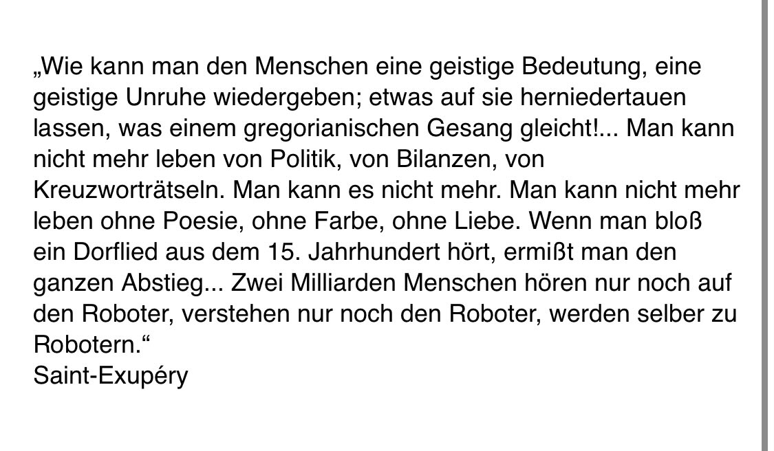 LEFreunde's tweet image. „… Milliarden #Menschen hören nur noch auf den Roboter, verstehen nur noch den #Roboter, werden selber zu Robotern.“
Saint-Exupéry