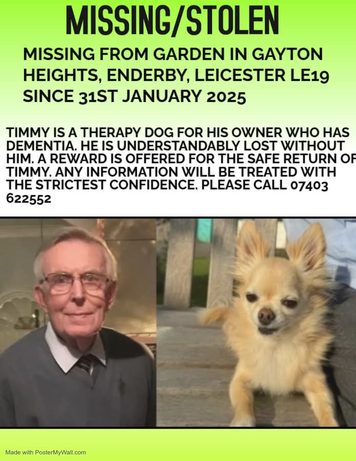 🙏Please Retweet To Help Find Timmy For His Elderly Owner🙏

Timmy is a support dog for his owner who has #dementia We need to get him home

doglost.co.uk/dog-blog.php?d…

📍Missing from Gayton Heights, #enderby #Leicester L19

🗓 Missing Since 31.1.25

📞 Please Call Number On Poster
