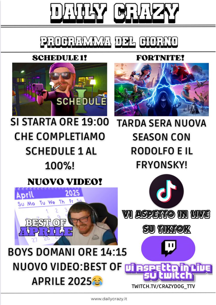 CrazydogT's tweet photo. BOYS ECCO IL DAILY CRAZY DI OGGI!🔥
SI STARTA ORE 19:00 CESSEVEDE IN STREAM BOYSS ❤️ 
Vi ricordo che domani ore 14:15 uscirà un nuovo video su YouTube: BEST OF APRILE 2025😂
LINK IN BIO!❤️‍🔥
#dailycrazy #twitch #tiktok #schedule #schedule1 #fortnite #newseason #youtube #newvideo https://t.co/b0rZZwhBSE