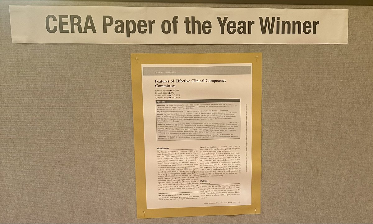 We also will celebrate the CERA best paper winner at the awards ceremony this afternoon. Congratulations to Dr. Rowland and team! meridian.allenpress.com/jgme/article/1…