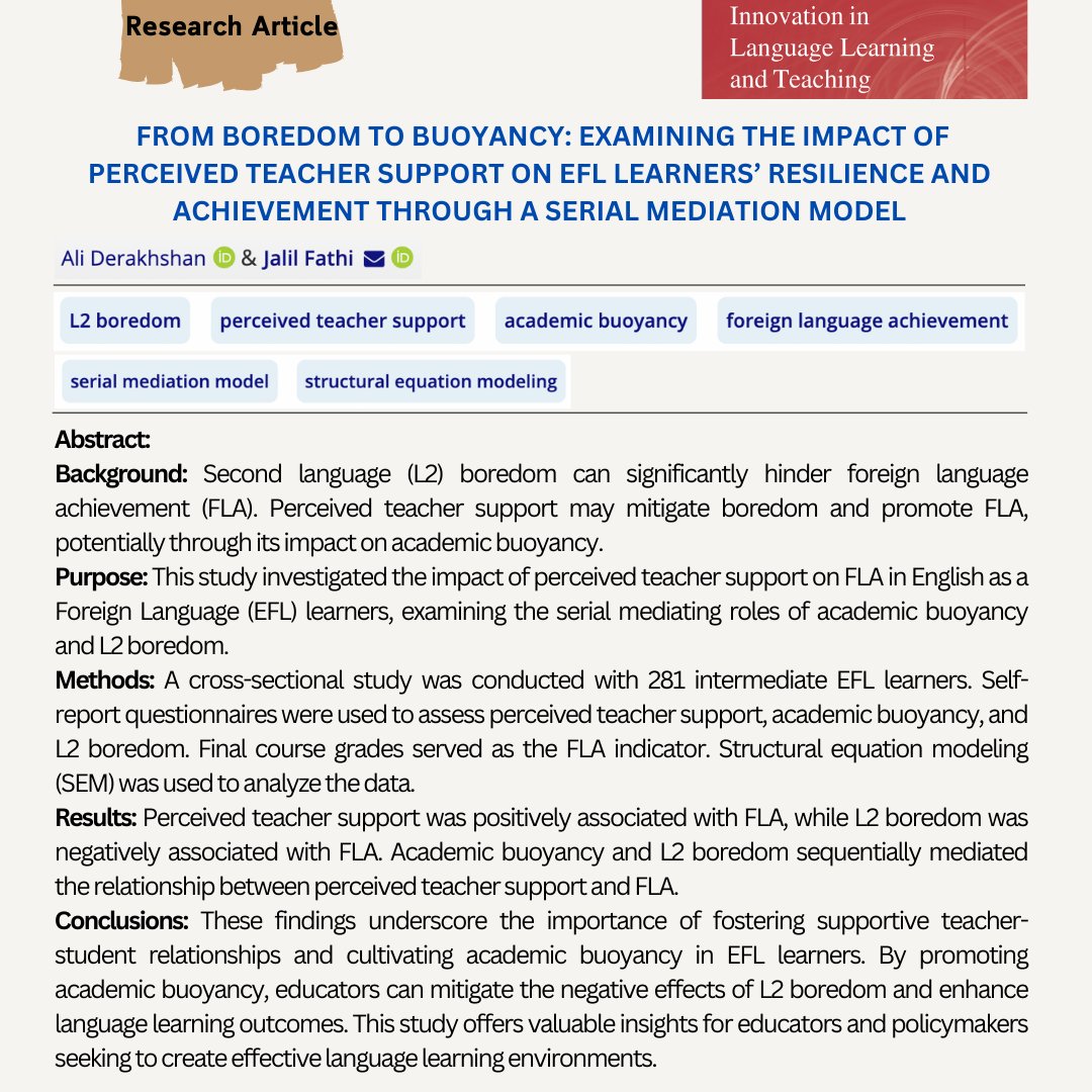 From boredom to buoyancy: examining the impact of perceived teacher support on EFL learners’ resilience and achievement through a serial mediation model
tandfonline.com/doi/full/10.10…