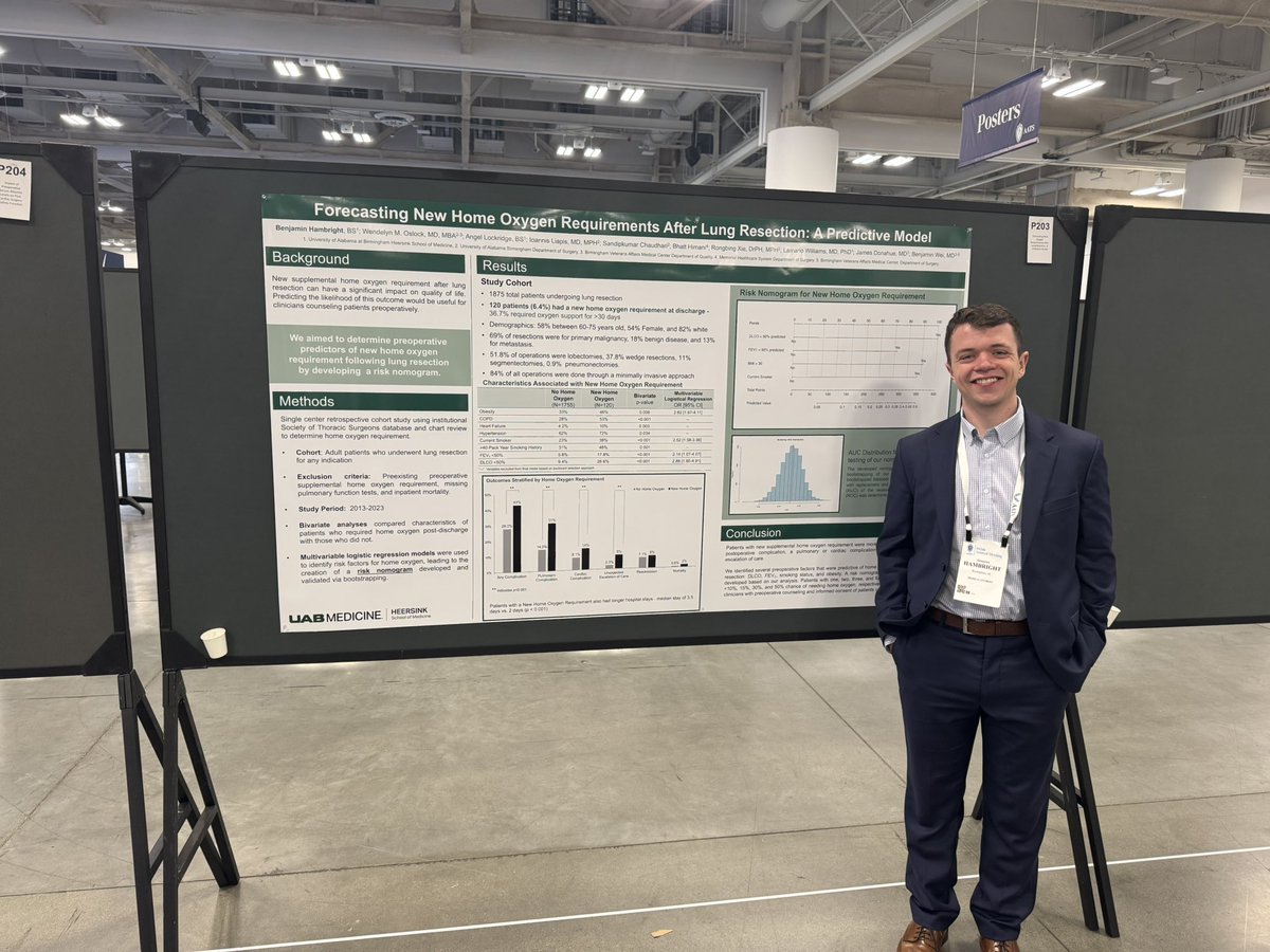 UAB Cardiothoracic Surgery (@uabctsresidency) on Twitter photo Congrats to <a href="/UABHeersink/">UAB Heersink School of Medicine</a> rising MS4 and future 🫀🫁 surgeon <a href="/BenCHambright/">Benjamin Hambright</a> on his poster on predicting home O2 requirement after lung resection at #AATS25 <a href="/AATSHQ/">AATS</a>
<a href="/UABSurgery/">UAB Surgery</a> <a href="/BenjaminWeiUAB/">Benjamin Wei, MD</a> #whyUABCT Congrats to <a href="/UABHeersink/">UAB Heersink School of Medicine</a> rising MS4 and future 🫀🫁 surgeon <a href="/BenCHambright/">Benjamin Hambright</a> on his poster on predicting home O2 requirement after lung resection at #AATS25 <a href="/AATSHQ/">AATS</a>
<a href="/UABSurgery/">UAB Surgery</a> <a href="/BenjaminWeiUAB/">Benjamin Wei, MD</a> #whyUABCT