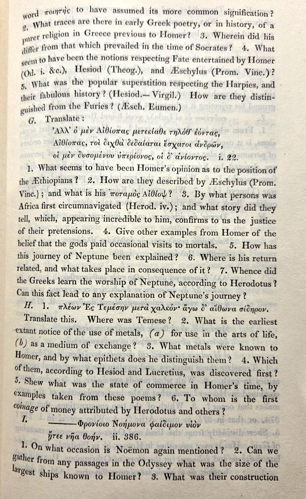 AntigoneJournal's tweet photo. A pair of Cambridge exam papers on Homer's Odyssey, from 200 years ago (Trinity College, 1825). Quite the mix of questions for a closed-book test! https://t.co/imu8ZoDlVe