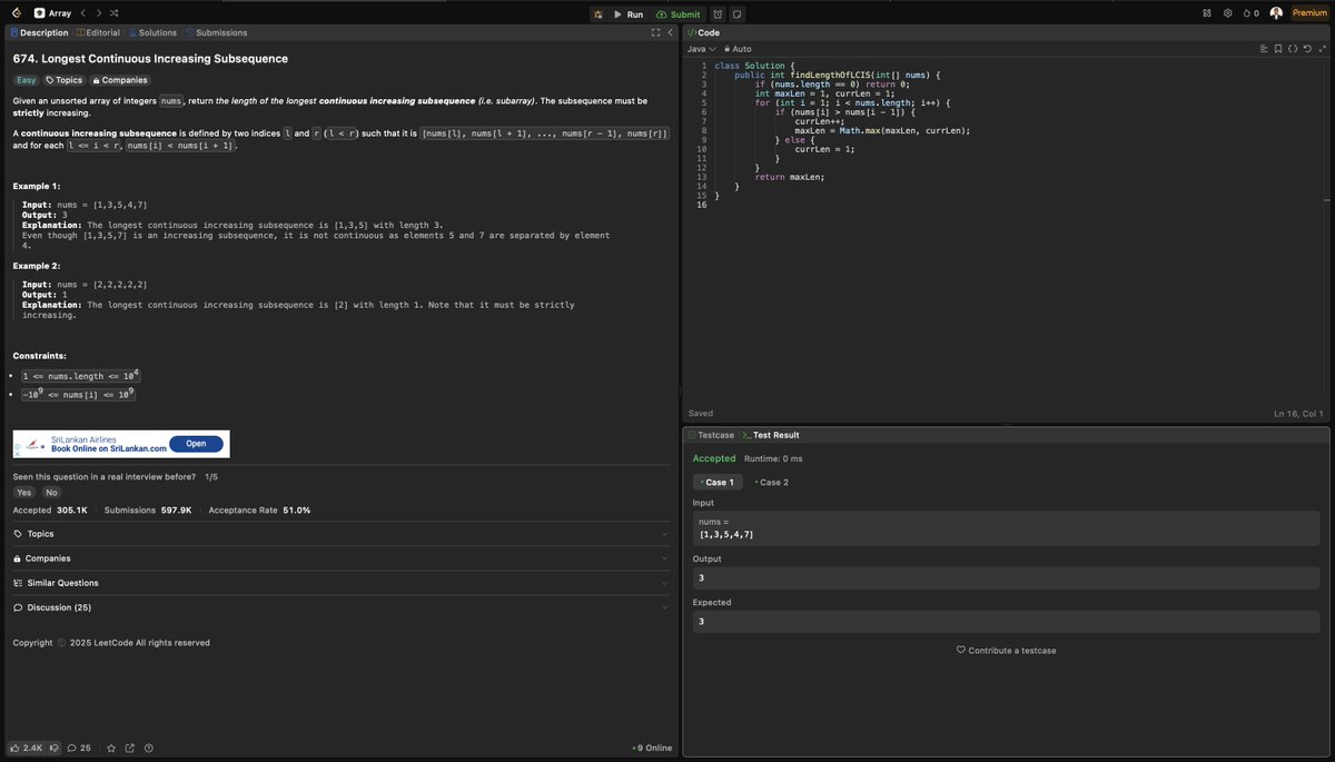 erpriyanshurao's tweet image. 📈 Day 54.2 – LeetCode 674
Longest Continuous Increasing Subsequence in an array.
🧠 Track current streak and max length on the go!
#LeetCode #Java #ArrayProblem #100DaysOfCode #CodingChallenge