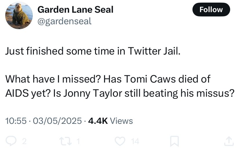 jonconrob's tweet image. Has garden lane seal unblocked me for being a shit house that gives it but can’t take it? Thought not…