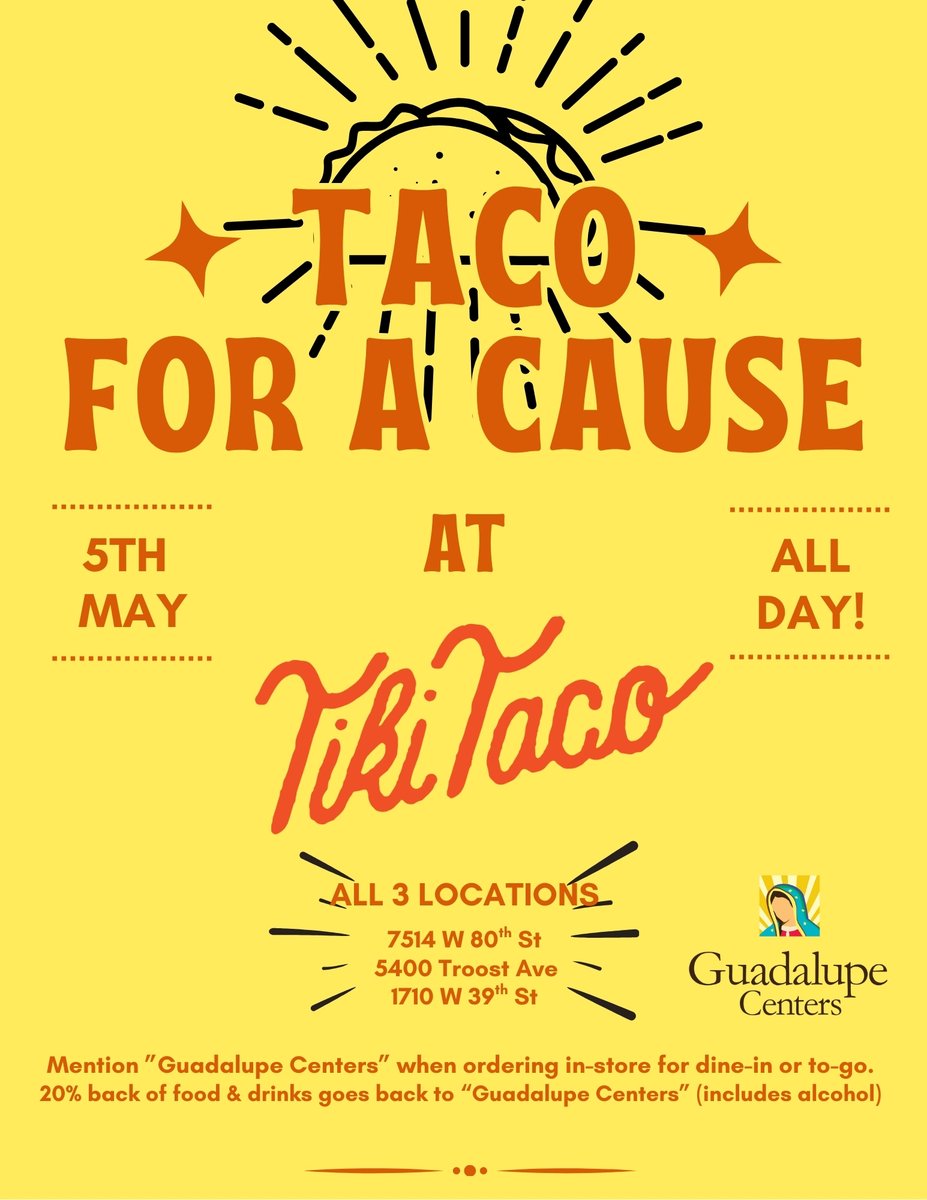GCI1919's tweet image. The Cinco de Mayo celebration continues. Head over to Tiki Taco and mention Guadalupe Centers when ordering. 20% goes back to us!

#cincodemayo #fiesta #enjoylocal #kansascity #cinco #family #entertainment #supportlocalvendors #localfiestas #organizationsinkc #guadalupecenters