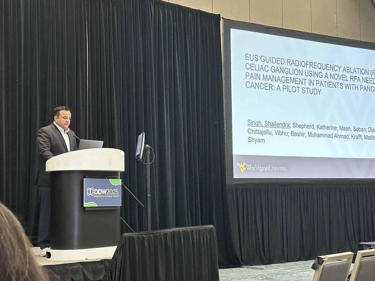 VibhuC_MD's tweet image. Continued innovation @WVU_GI thanks to the strong work of @shailsingh for spearheading an alternative non-opioid pain 💊 mgmt option for pancreatic cancer with EUS-guided RFA ⚡️celiac plexus neurolysis with promising efficacy and safety profile. @ShyamTMD @SkipKrafftMD #DDW2025