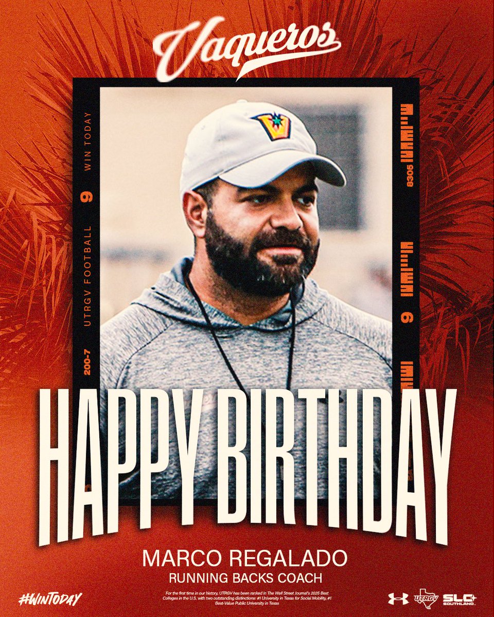 UTRGV Football (@utrgvfootball) on Twitter photo Vaquero Nation, help us wish <a href="/CoachRegalado/">Marco Regalado</a> a Happy Birthday!!!
🎉🌴🔥✌🏽
#AlwaysCompete
#WinToday Vaquero Nation, help us wish <a href="/CoachRegalado/">Marco Regalado</a> a Happy Birthday!!!
🎉🌴🔥✌🏽
#AlwaysCompete
#WinToday