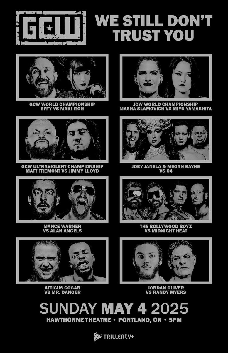 TrillerTV (@triller_tv) on Twitter photo Get ready, Portland! <a href="/GCWrestling_/">GameChangerWrestling</a> debuts with a WORLD TITLE CLASH: <a href="/EFFYlives/">EFFY.</a> vs. <a href="/maki_itoh/">伊藤麻希 Maki Itoh</a>! 🍿
📺 Tonight | 8pmET / 5pmPT | LIVE and EXCLUSIVE on TrillerTV+ Get ready, Portland! <a href="/GCWrestling_/">GameChangerWrestling</a> debuts with a WORLD TITLE CLASH: <a href="/EFFYlives/">EFFY.</a> vs. <a href="/maki_itoh/">伊藤麻希 Maki Itoh</a>! 🍿
📺 Tonight | 8pmET / 5pmPT | LIVE and EXCLUSIVE on TrillerTV+