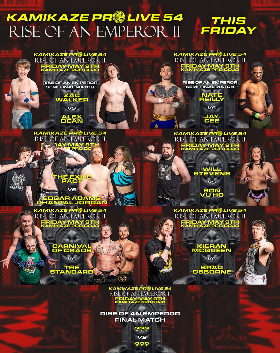 The full card for #KPLive54 this Friday at the Kamikaze Pro Dojo in Birmingham

<a href="/TheMirrorcat/">Alex Connors</a> &amp; <a href="/luke_hero21/">Luke 🙃</a> vs <a href="/EdgarAdamsPW/">Edgar Adams</a> &amp; <a href="/chantaljordan_/">𝕮𝖍𝖆𝖓𝖙𝖆𝖑 𝕵𝖔𝖗𝖉𝖆𝖓</a> 

<a href="/SawbonesStevens/">Will Stevens</a> vs Son Vu Ho

Carnival Of Chaos vs The Standard

Rise Of An Emperor Final Match

T1CKETS:
ringsideworld.co.uk/events.php?id=…