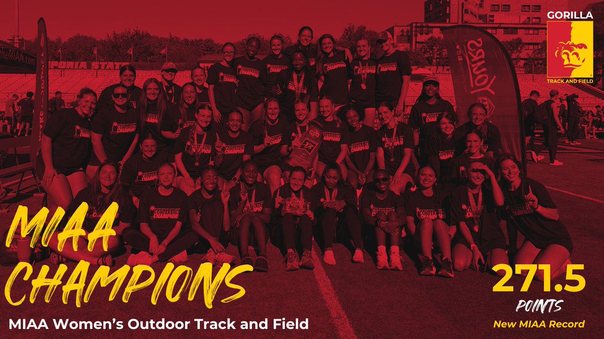 Pitt State Athletics π¦ (@pittstgorillas) on Twitter photo THE GORILLAS ARE MIAA CHAMPIONSβΌοΈ
The Pitt State Women are MIAA Outdoor Track and Field Champions for the SECOND straight season π¦πͺ
The Gorillas scored 271.5 total points - a NEW MIAA RECORD.
<a href="/GorillasTrack/">Pitt State Track & Field</a>|<a href="/pittstate/">Pittsburg State</a> THE GORILLAS ARE MIAA CHAMPIONSβΌοΈ
The Pitt State Women are MIAA Outdoor Track and Field Champions for the SECOND straight season π¦πͺ
The Gorillas scored 271.5 total points - a NEW MIAA RECORD.
<a href="/GorillasTrack/">Pitt State Track & Field</a>|<a href="/pittstate/">Pittsburg State</a>