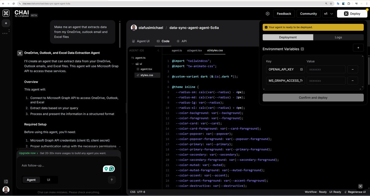 AI agent vibe coding I am doing with chai.new

"Make me an agent that extracts data from my OneDrive, Outlook email and Excel files"

What AI agent would you vibe code?

#Langbase #AI #Agents #AgenticAI