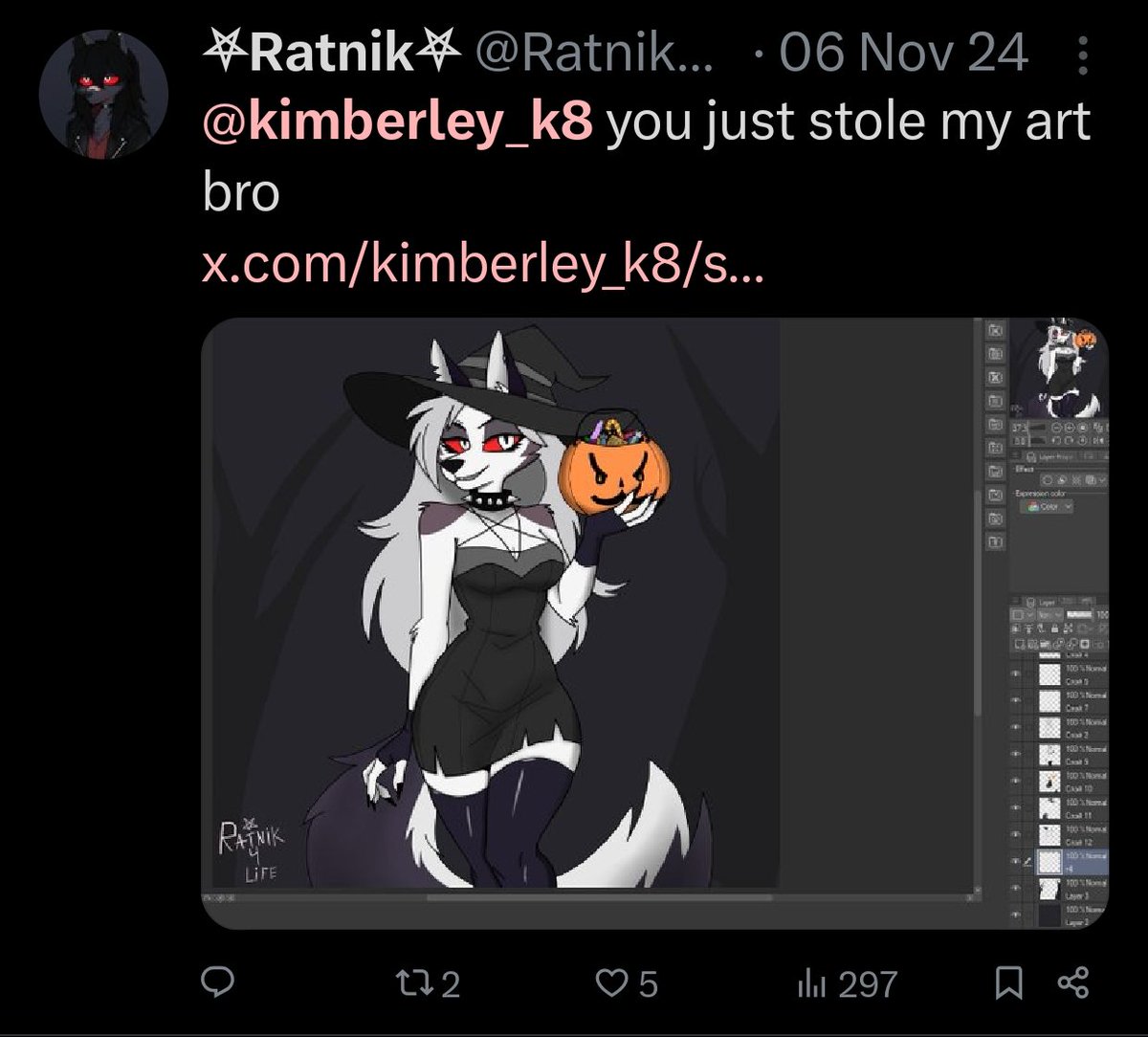 Beware of  @/kimberley_k8

After liking one of their drawings and checking their profile, I noticed that each artwork had a suspiciously different style. After a bit of research, I found out that this isn’t the first time this person has stolen art from other artists.