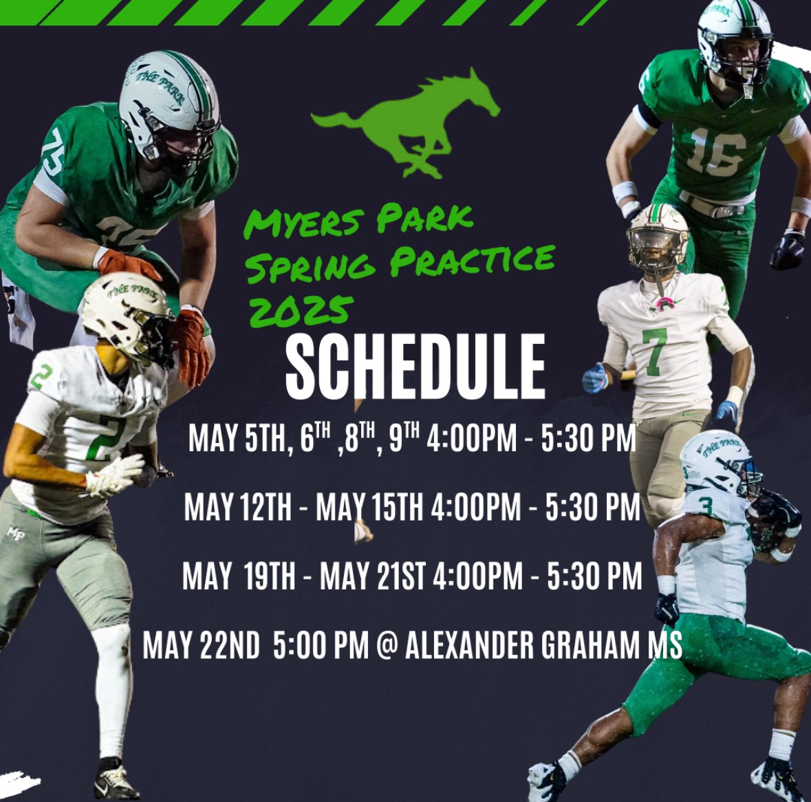 Myers Park Football (@myersparkfball) on Twitter photo The wait is over! 
Day 1 of Spring Ball begins tomorrow🐎
College Coaches we will be on the field promptly @ 4pm. The wait is over! 
Day 1 of Spring Ball begins tomorrow🐎
College Coaches we will be on the field promptly @ 4pm.