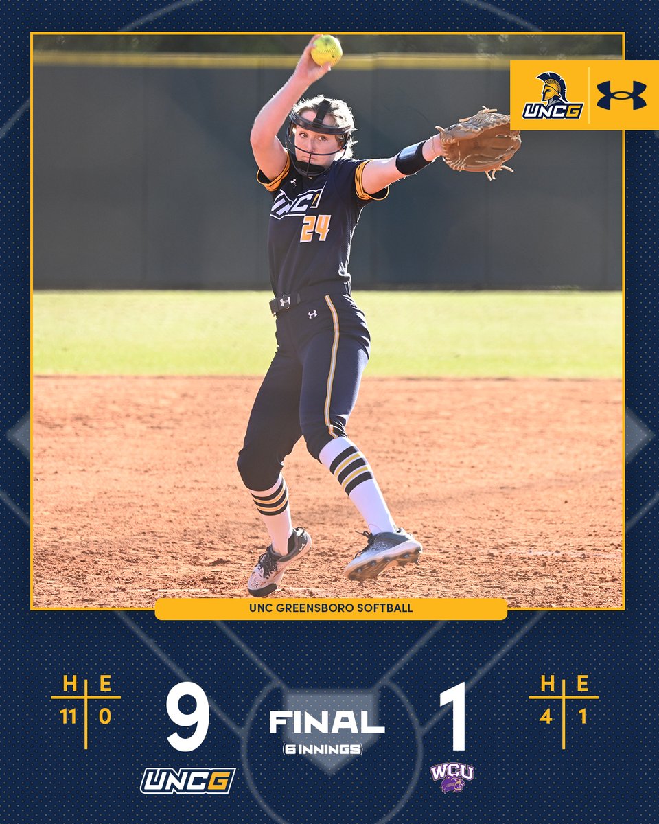 DOUBLEHEADER SWEEP!

🥎 Reese Byrd earns her 11th win of the season
🥎 Chrissy Rabenold has the game-winning hit!
🥎Kaylyn Belfield went 3-for-3 with a double and 2 runs scored
🥎Betsy Eatmon went 2-for-3 with a triple, 2 RBI, triple

FINAL - 6 inn.
WCU - 1
UNCG - 9
#letsgoG