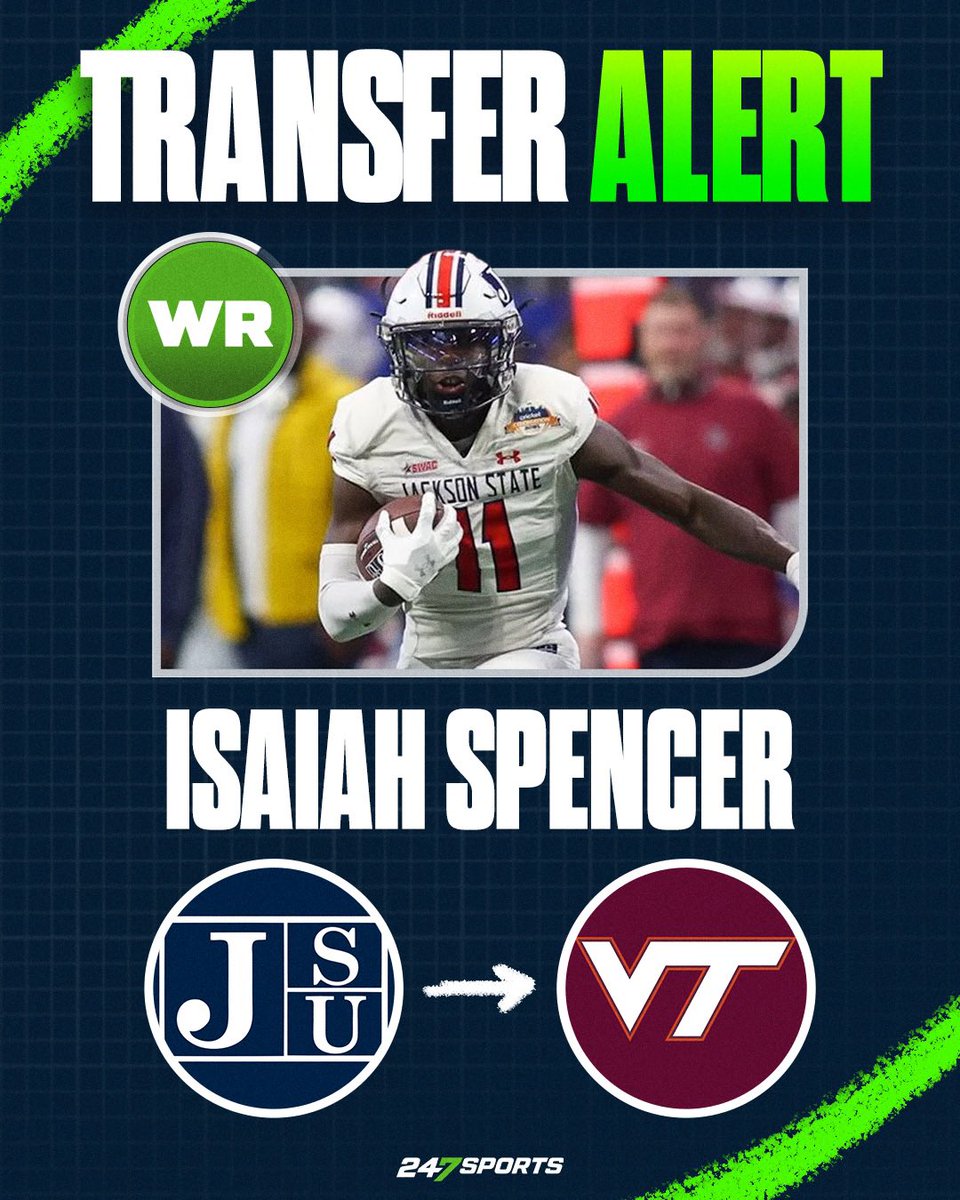 BREAKING: Jackson State transfer WR Isaiah Spencer has committed to Virginia Tech

The 6-2, 185-pound receiver from Flora, Miss. had 35 catches for 660 yards and 4 TDs last season

2 years of eligibility

Story: 247sports.com/college/virgin…
